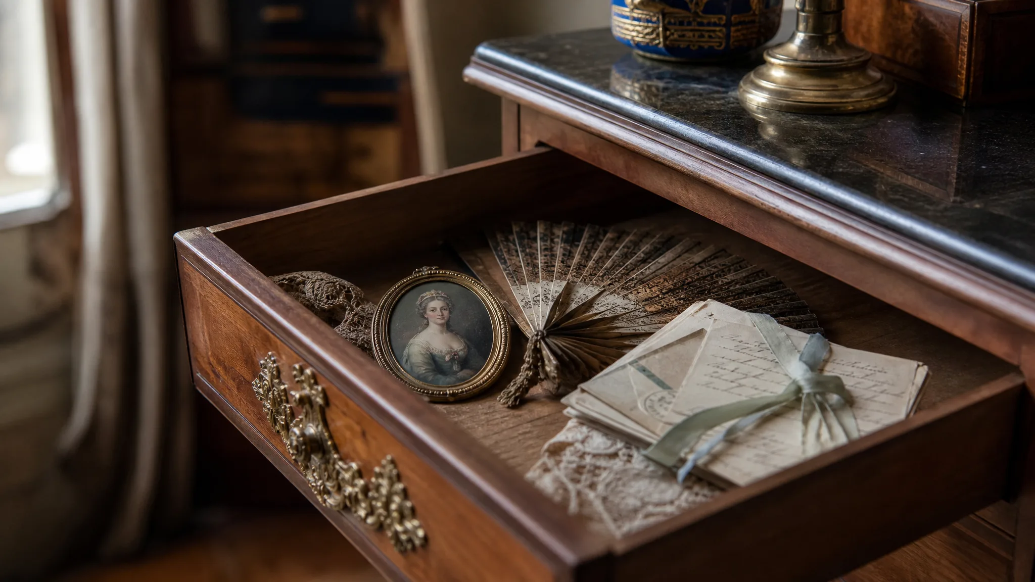 Estimation d'objets anciens de famille : tiroir ouvert, miniature et éventail