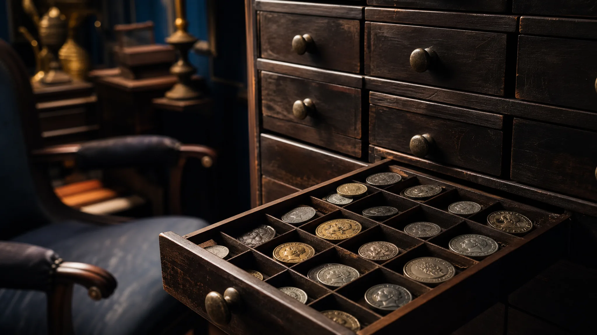Héritage de pièces de monnaie : tiroir de médailler ancien