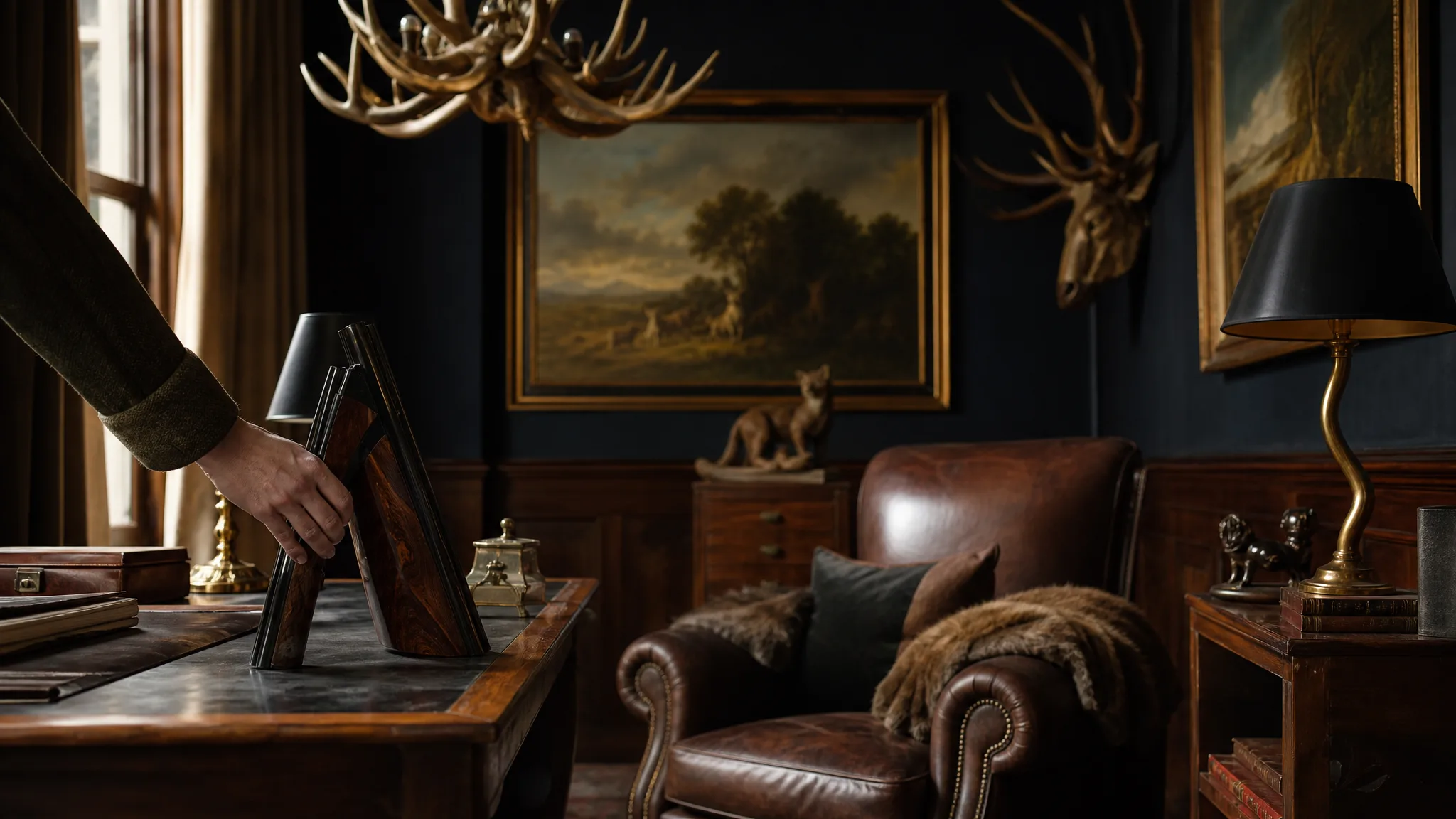 Mobilier de pavillon de chasse : fauteuil club en cuir et lustre en bois de cerf