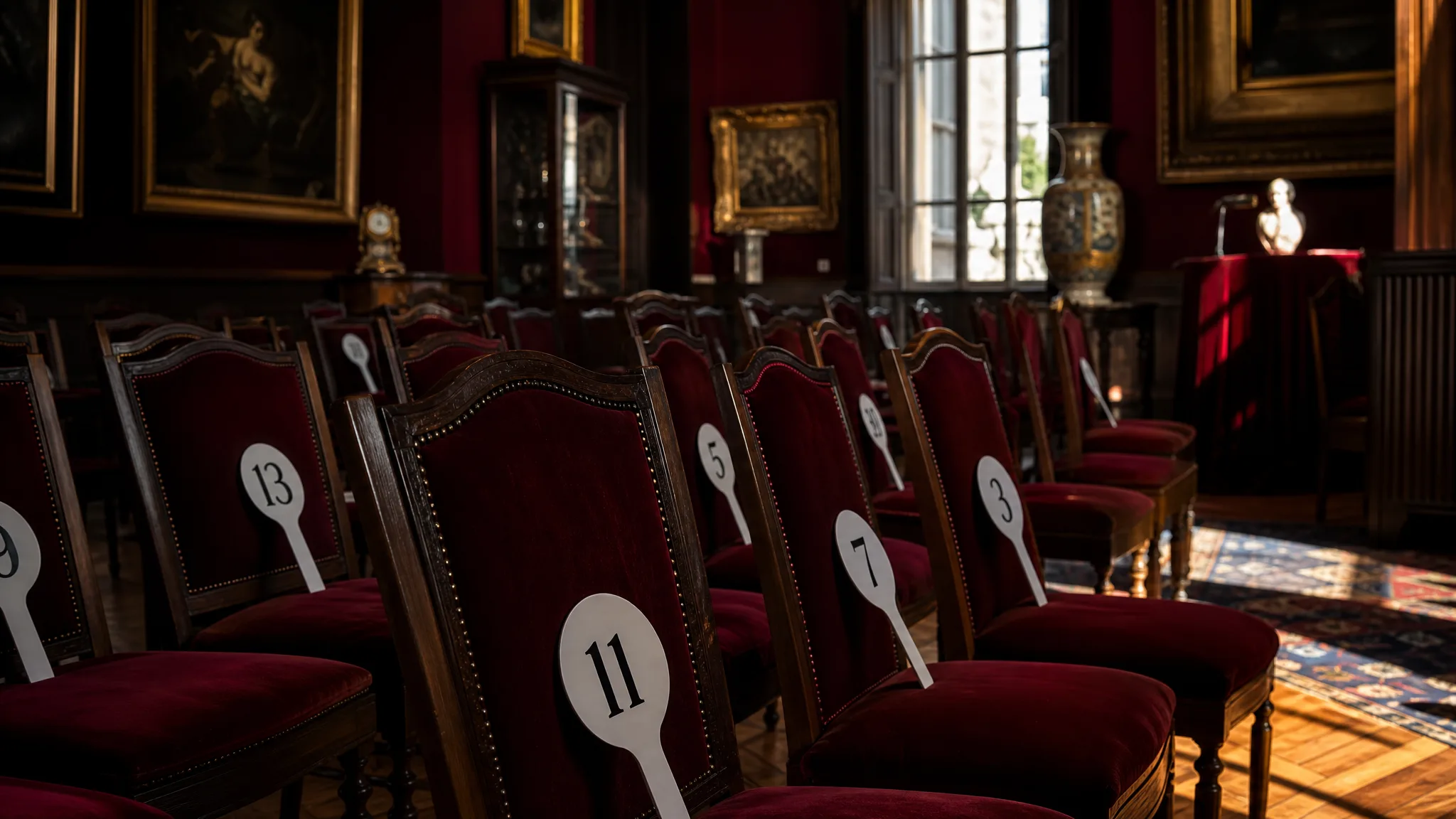 Coulisses de vente à Drouot : salle rouge et raquettes d'enchères numérotées