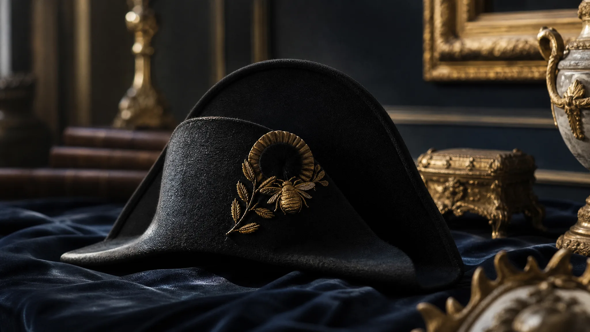 Vente objets Napoléon : bicorne noir à abeille dorée sur velours